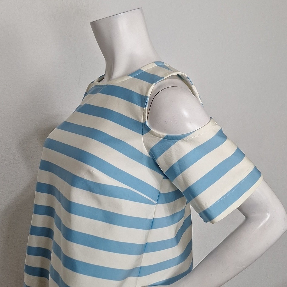 Tanya Taylor Preppy Blue & White Stripe Cold Shoulder Blouse Made in USA Size 6 - Picture 9 of 13